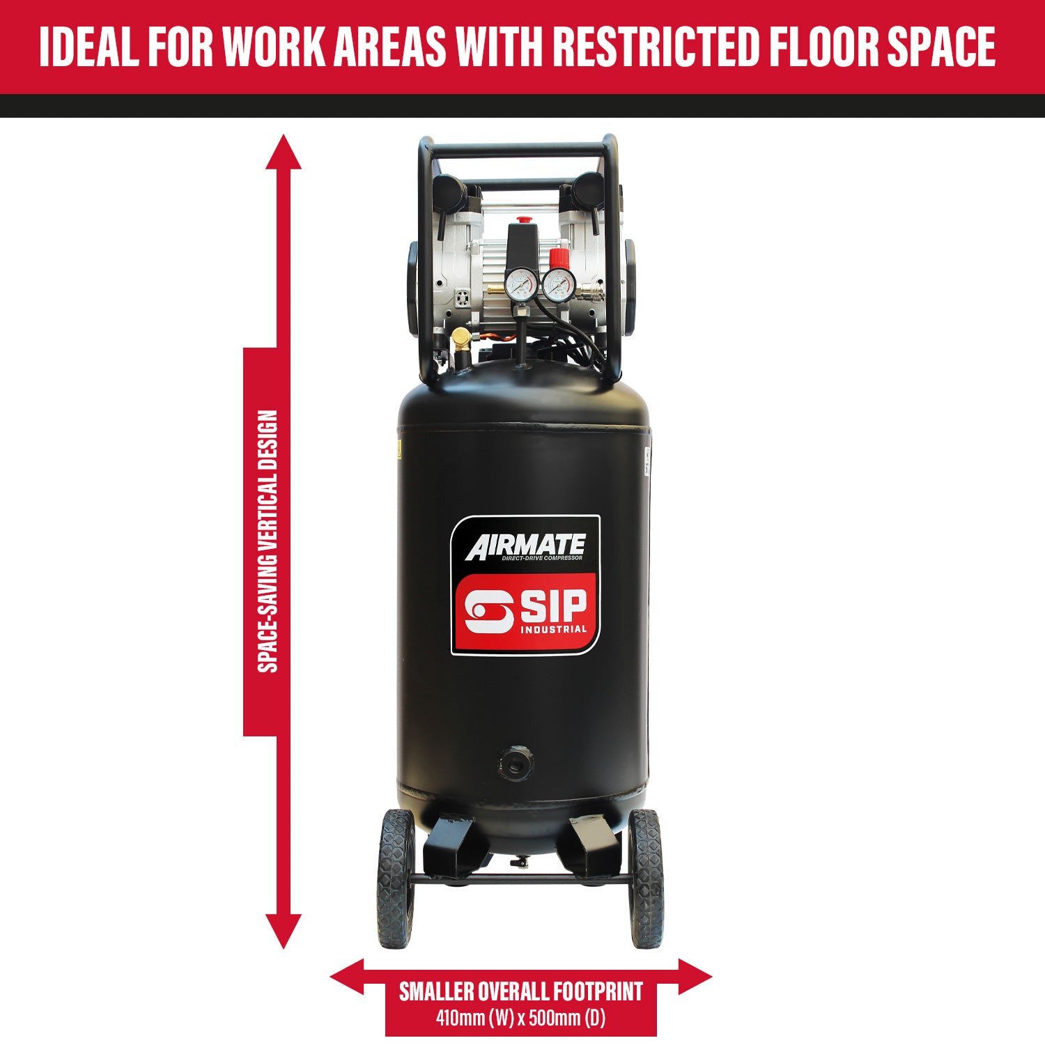 SIP AIRMATE DD 100L Low Noise Oil-Free Vertical Direct Drive Compressor, 3hp (05484)