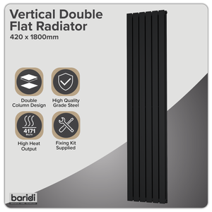 Baridi Vertical Radiator Contemporary Double Flat Panel Design 420 x 1800mm – Black