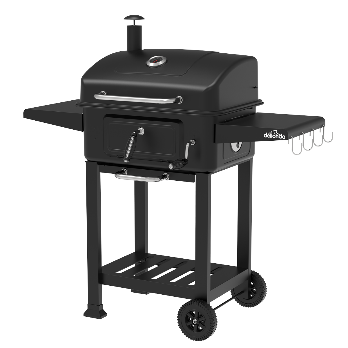 Dellonda Charcoal Grill BBQ Smoker & Trolley with 2 Side Shelves - Black