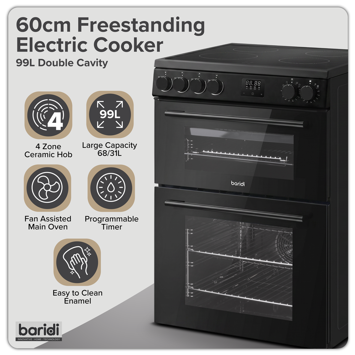 Baridi Freestanding Double Cavity Cooker 60cm with Ceramic Hob, Black (DH429)