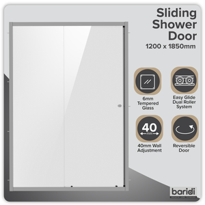 Sliding Shower Door 1200 x 1850mm, 6mm Tempered Glass, Reversible - Chrome