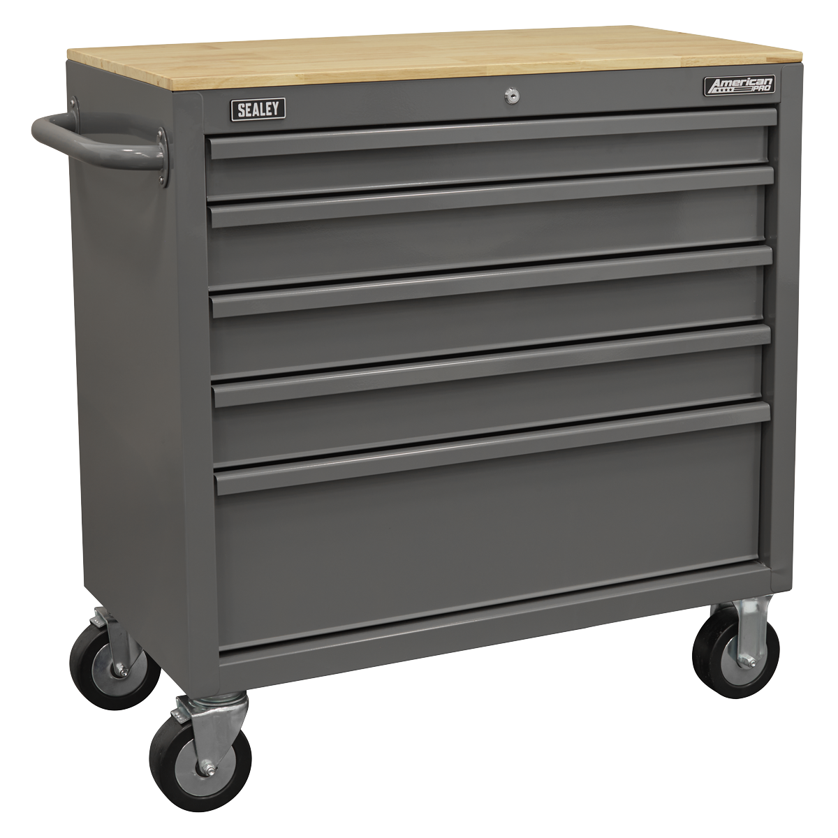 American PRO® Mobile Workstation with Wooden Worktop 5 Drawer - Grey