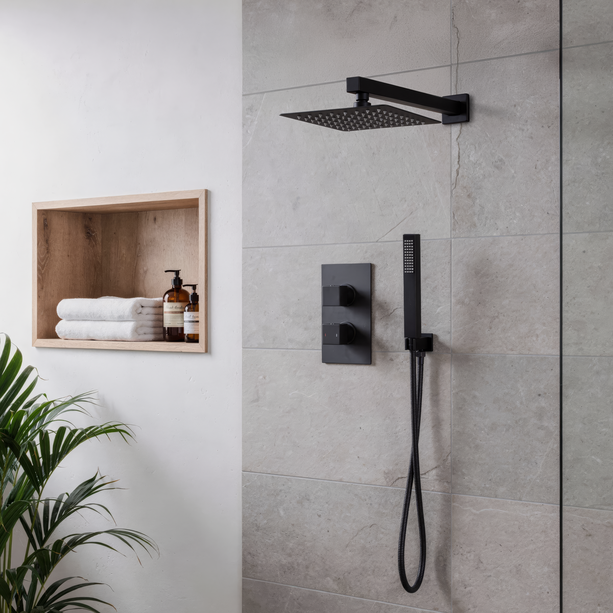Concealed Thermostatic Shower Set 20 x 20cm Square Head & Hand Shower - Black