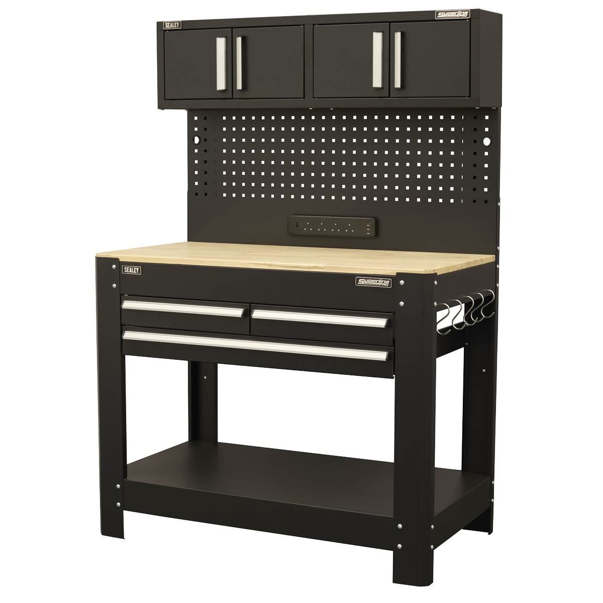 Superline PRO® Workbench with Pegboard Back Panel, Power Bar & Wooden Worktop