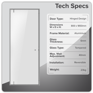 Hinged Shower Door 800 x 1850mm, 6mm Tempered Glass, Reversible - Chrome
