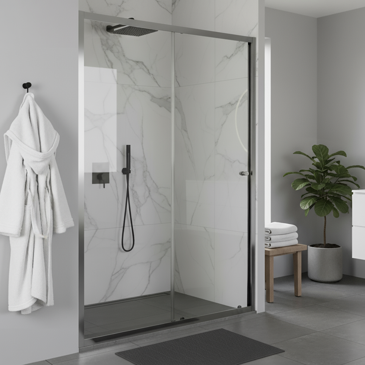 Sliding Shower Door 1200 x 1850mm, 6mm Tempered Glass, Reversible - Chrome