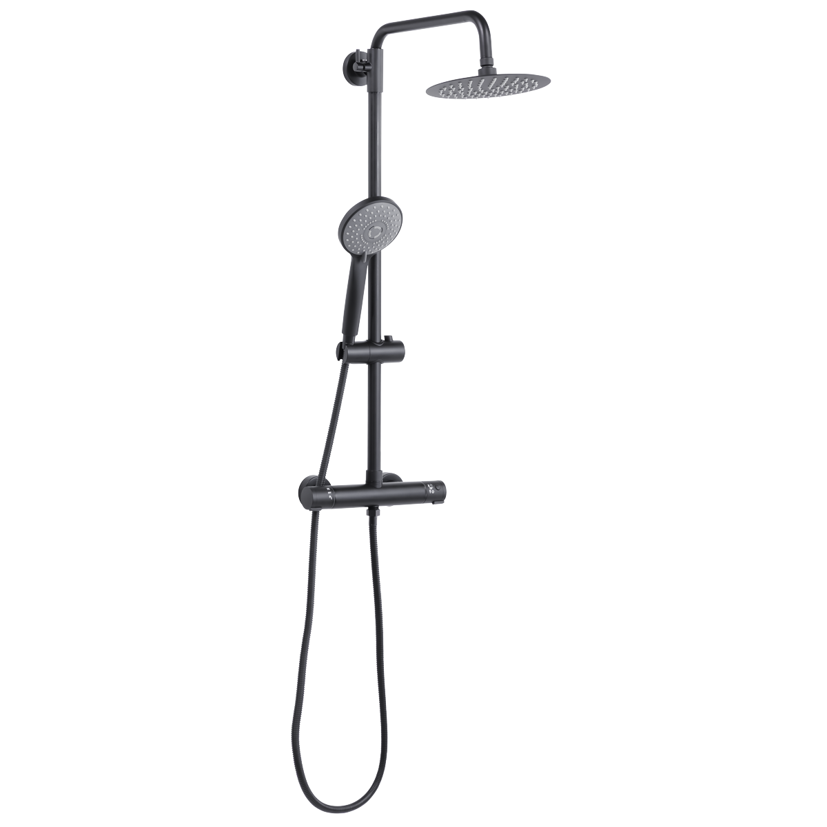 Thermostatic Shower Mixer Set, 20cm Round Head, Adjustable Rail - Black