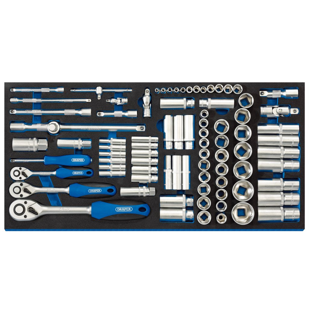 Draper Socket Set in Full Drawer EVA Insert Tray, 1/4", 3/8", and 1/2" (84 Piece)