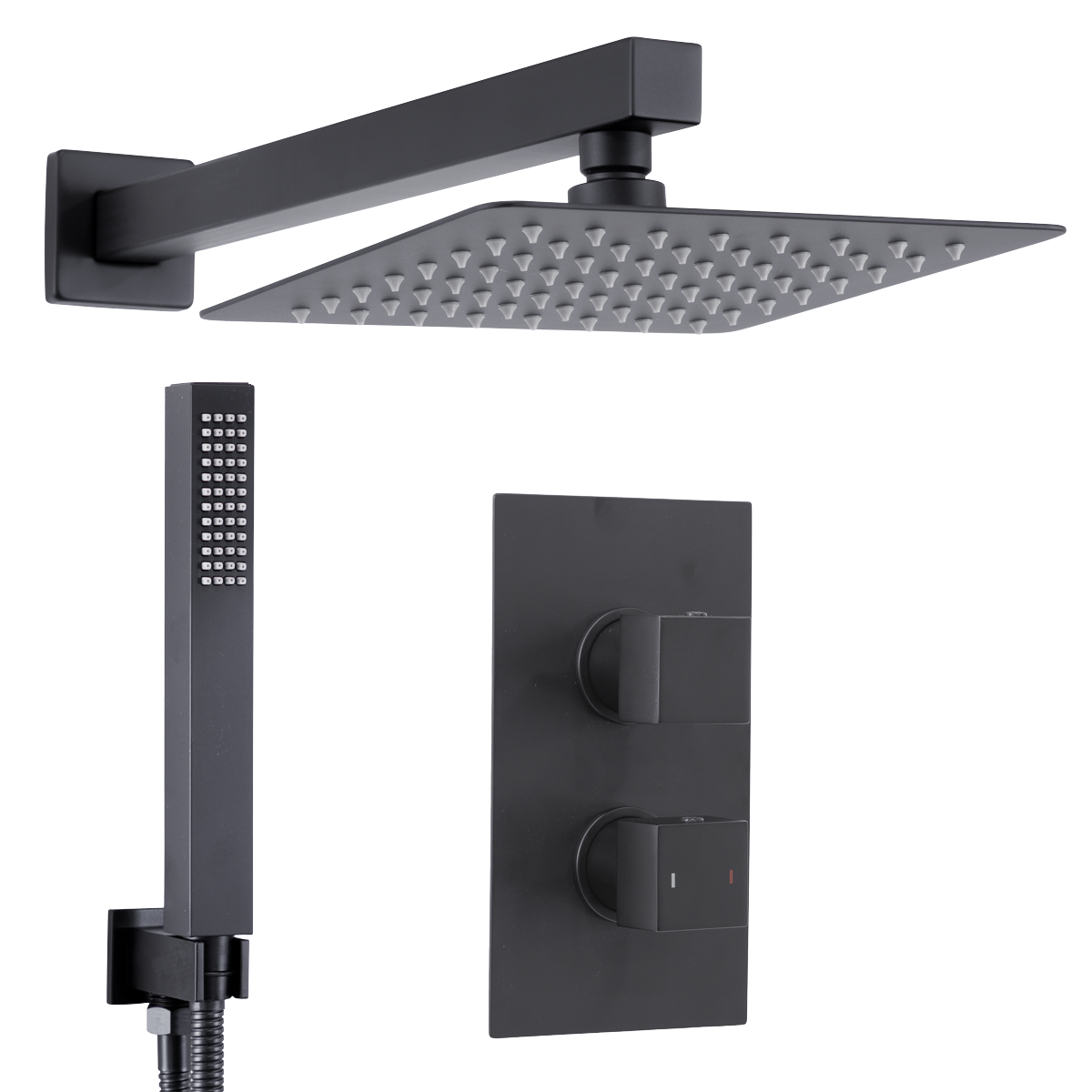 Concealed Thermostatic Shower Set 20 x 20cm Square Head & Hand Shower - Black
