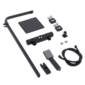 Thermostatic Shower Mixer Set, 20x20cm Square Head, Adjustable Rail - Black
