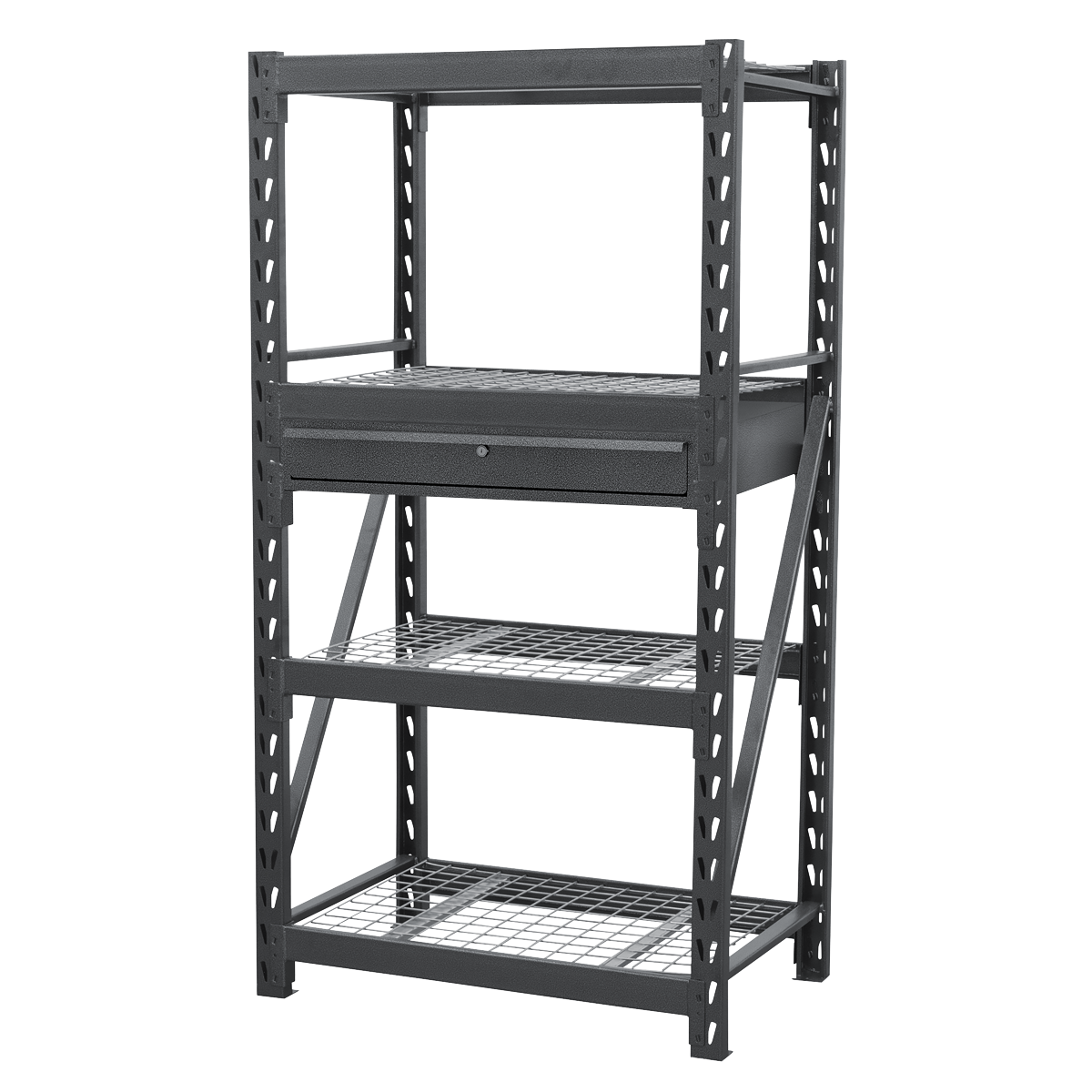 Heavy-Duty Racking Unit with 4 Mesh Shelves & Single Drawer 640kg Capacity Per Level