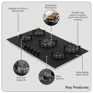 Baridi 90cm Gas Hob Matt Black 5 Burners Cast Iron Supports & Auto Ignition 10.4kW