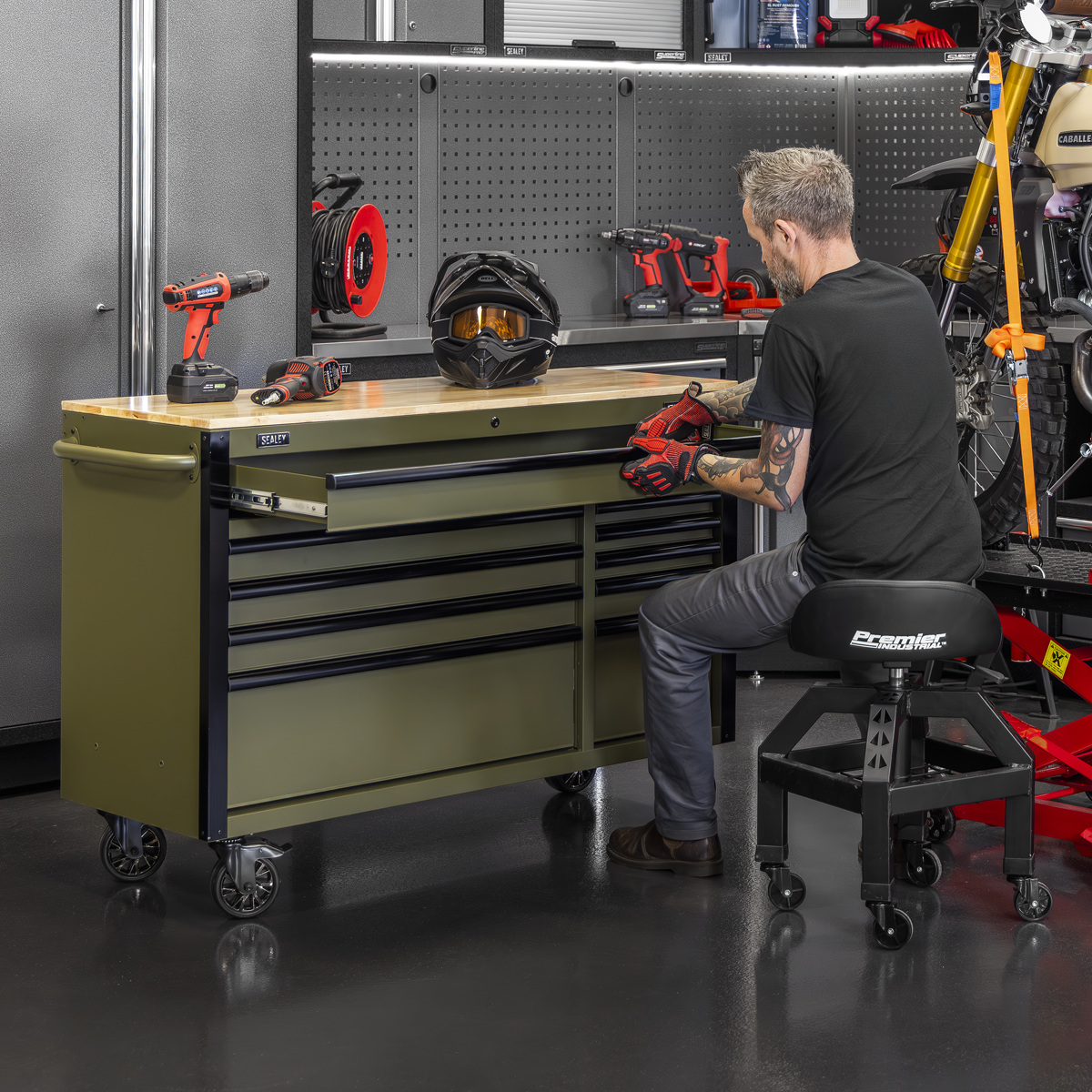 Superline PRO® Mobile Trolley with Wooden Worktop & Power Bar 10 Drawer 1320mm