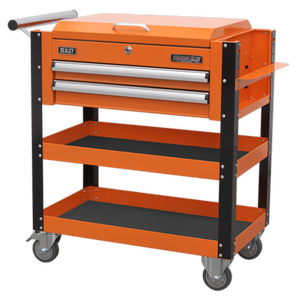 Superline PRO® Heavy-Duty Mobile Tool & Parts Trolley with Lockable Top & 2 Drawers - Orange