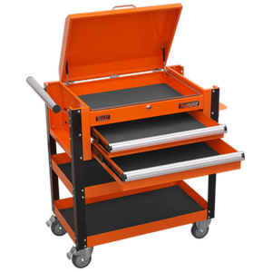 Superline PRO® Heavy-Duty Mobile Tool & Parts Trolley with Lockable Top & 2 Drawers - Orange