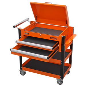 Superline PRO® Heavy-Duty Mobile Tool & Parts Trolley with Lockable Top & 2 Drawers - Orange