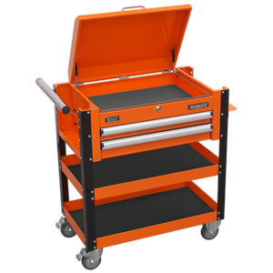 Superline PRO® Heavy-Duty Mobile Tool & Parts Trolley with Lockable Top & 2 Drawers - Orange