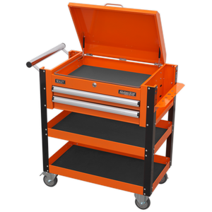 Superline PRO® Heavy-Duty Mobile Tool & Parts Trolley with Lockable Top & 2 Drawers - Orange