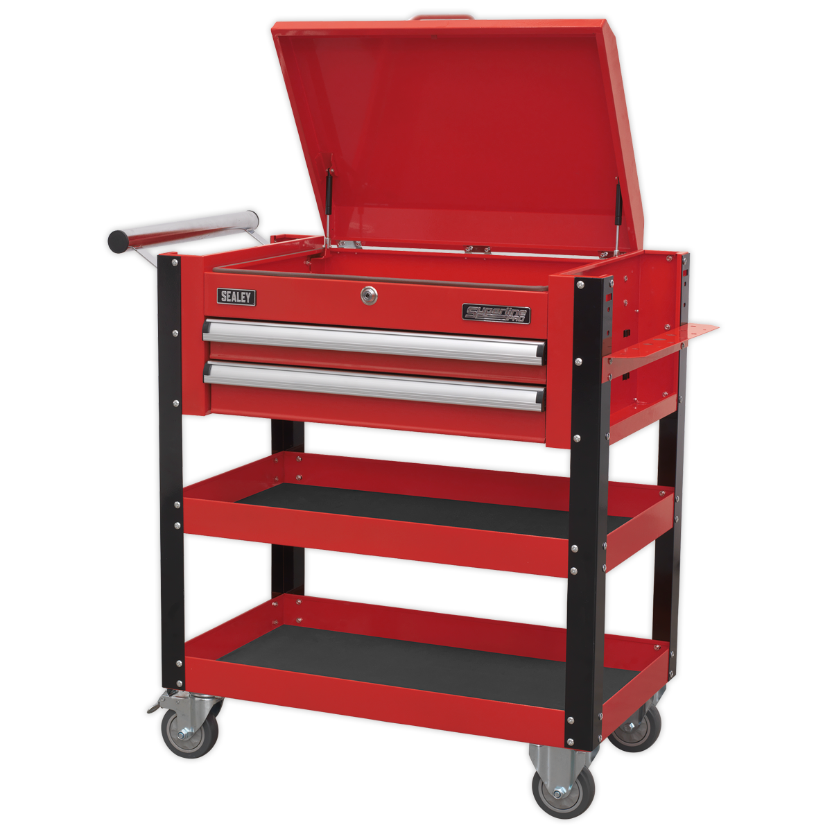 Superline PRO® Heavy-Duty Mobile Tool & Parts Trolley with Lockable Top & 2 Drawers - Red