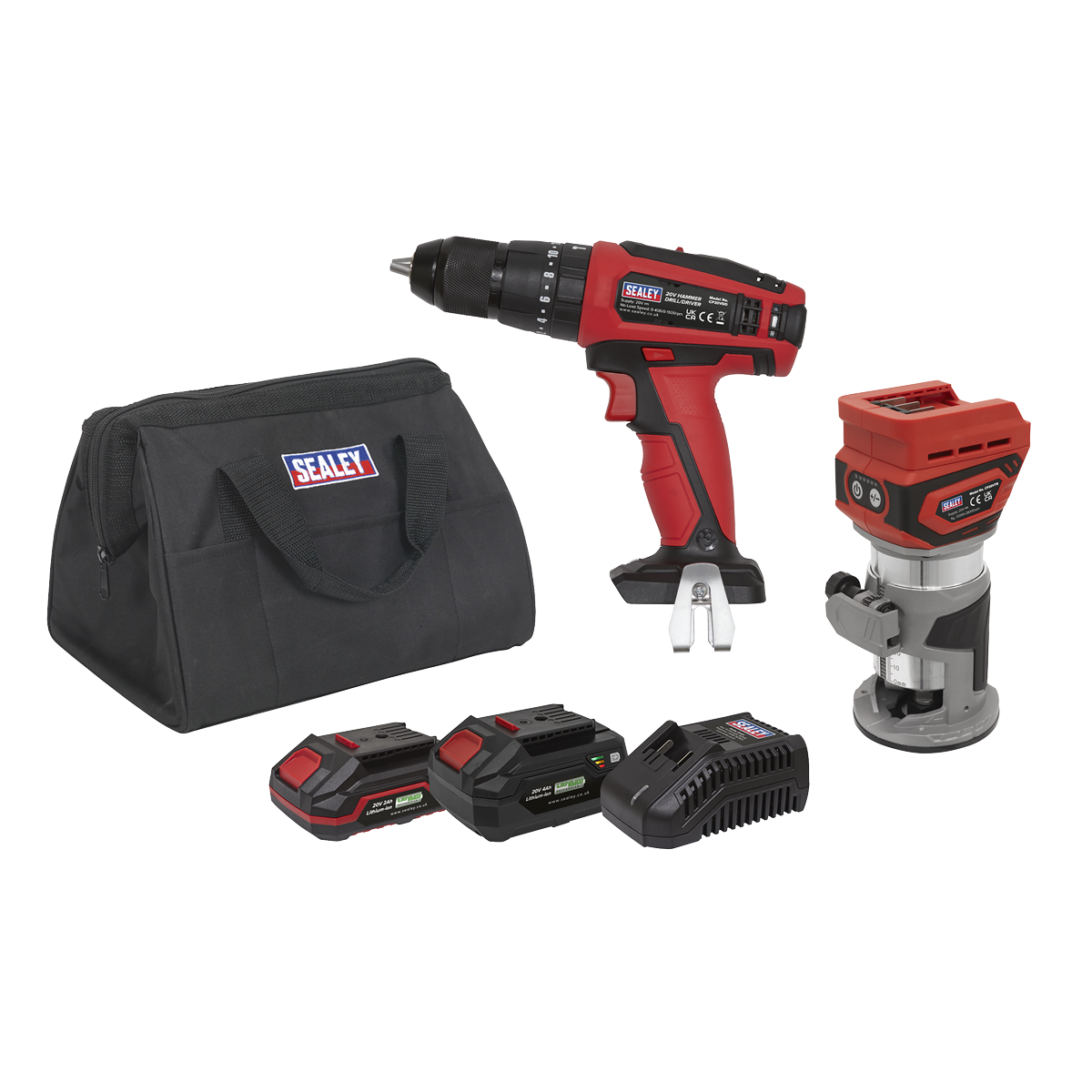 2 x SV20 Series Cordless Router & Combi Drill Kit 20V - 2 Batteries