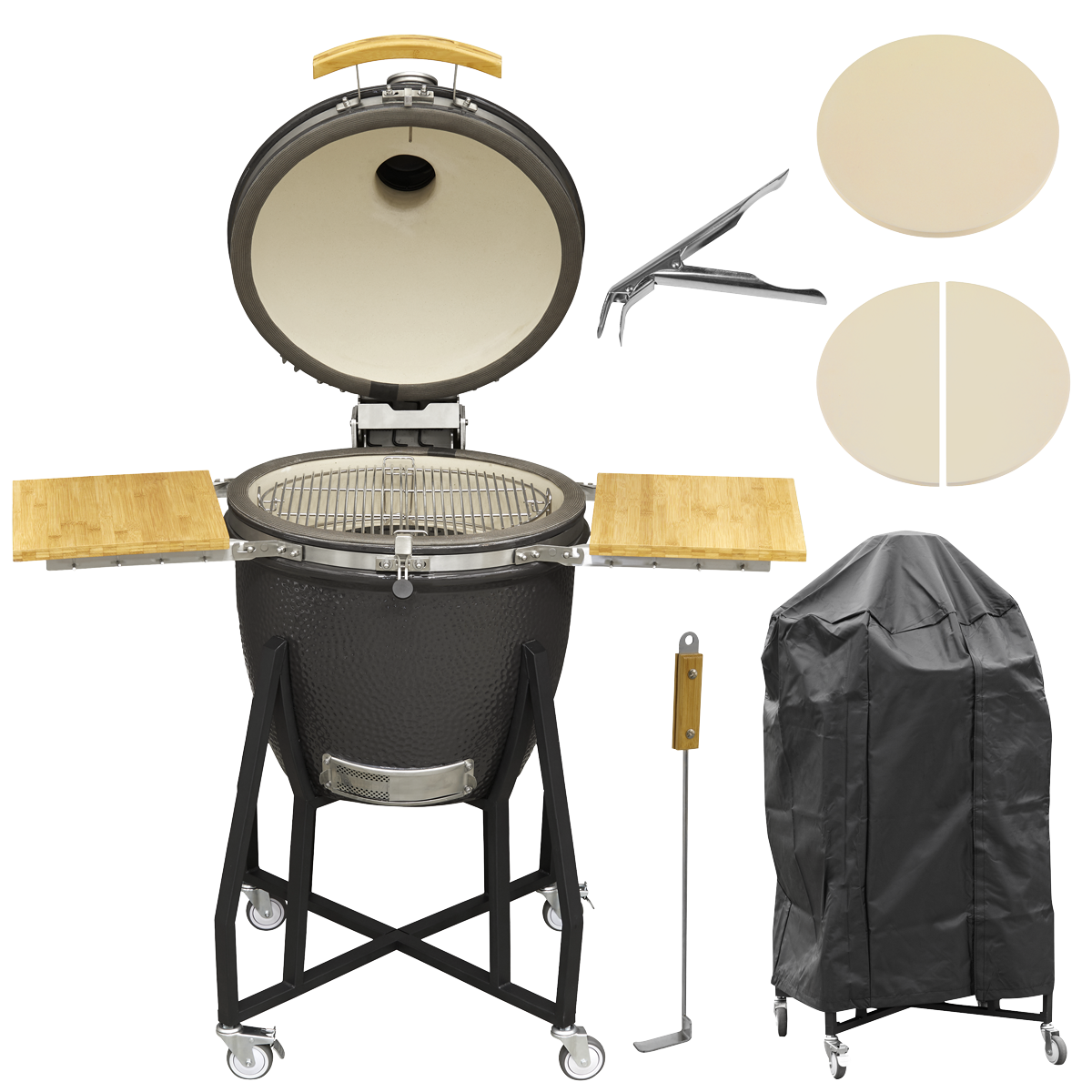 Dellonda Deluxe 22"(56cm) Ceramic Kamado Style BBQ, Cover, Grid Gripper, Heat Deflector & Heat Deflector Support