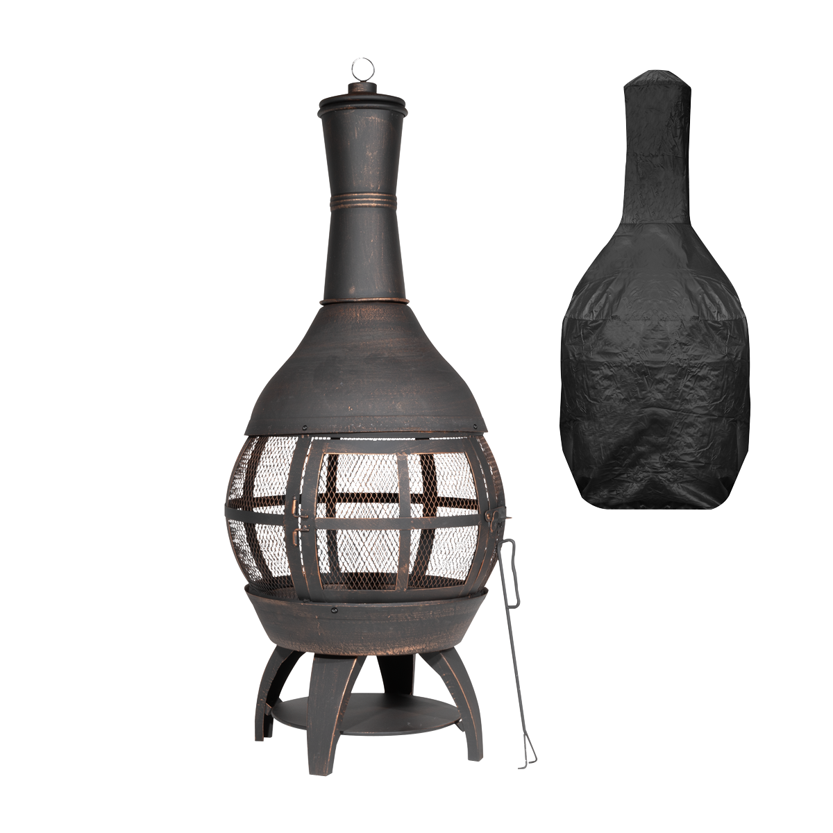 Dellonda Deluxe 360° Chiminea/Fire Pit/Outdoor Heater with Fire Poker & Water-Resistant Drawstring Cover - Antique Bronze Finish - DG241