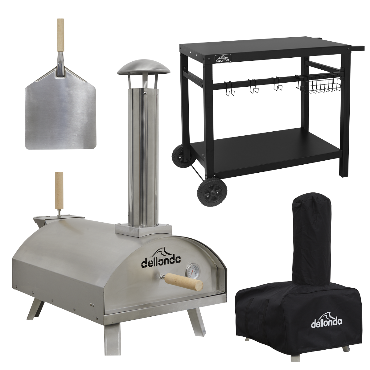 Dellonda Wood-Fired Pizza Oven, Pizza Peel, Cover & Plancha Trolley 14" - Stainless Steel