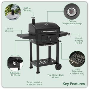 Dellonda Charcoal Grill BBQ Smoker & Trolley with 2 Side Shelves - Black