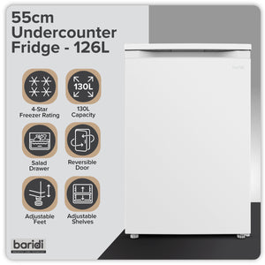 Baridi 55cm Undercounter Larder Fridge, 130L Capacity - White