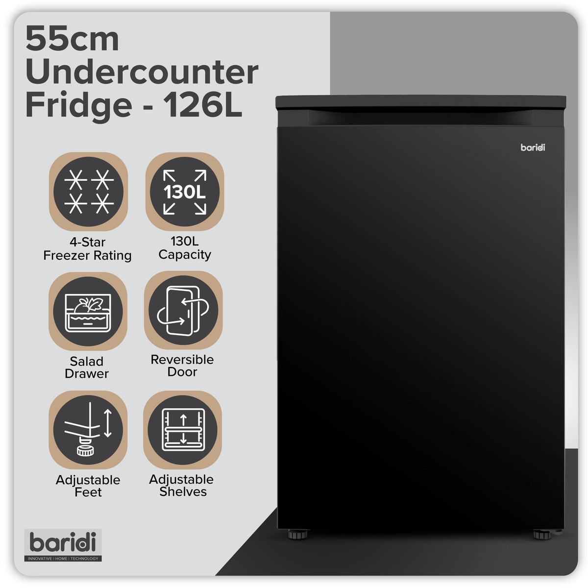 Baridi 55cm Undercounter Larder Fridge, 130L Capacity - Black