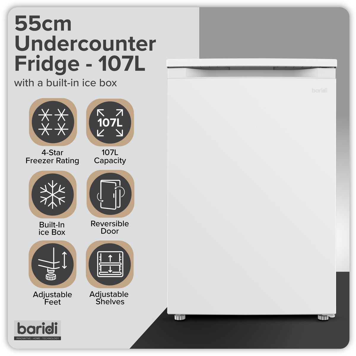 Baridi 55cm Freestanding Undercounter Fridge with Ice Box 107L - White