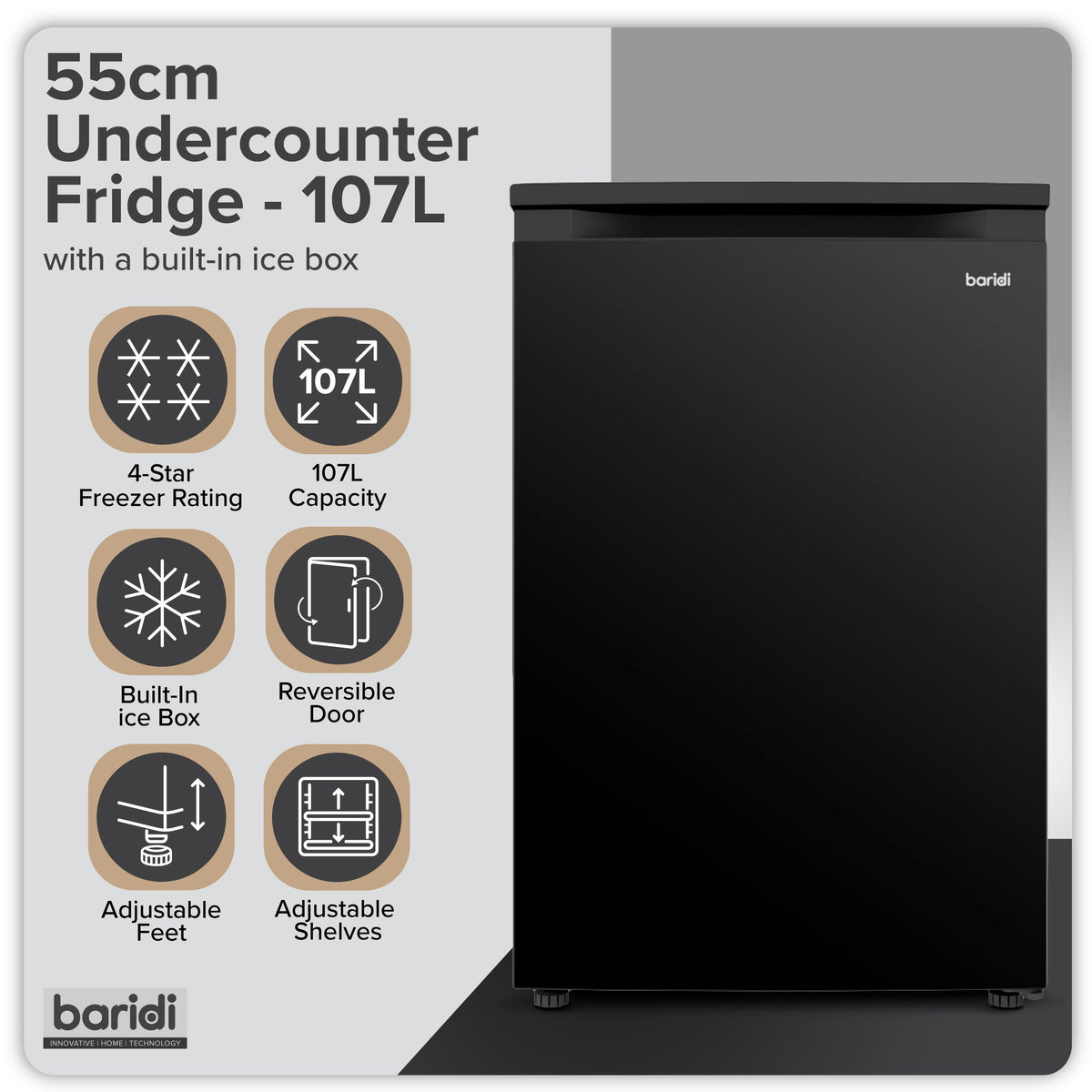 Baridi 55cm Freestanding Undercounter Fridge with Ice Box 107L - Black