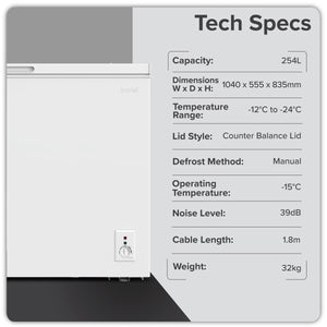 Baridi Freestanding Chest Freezer 254L Capacity - White