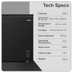 Baridi Freestanding Chest Freezer 254L Capacity - Black