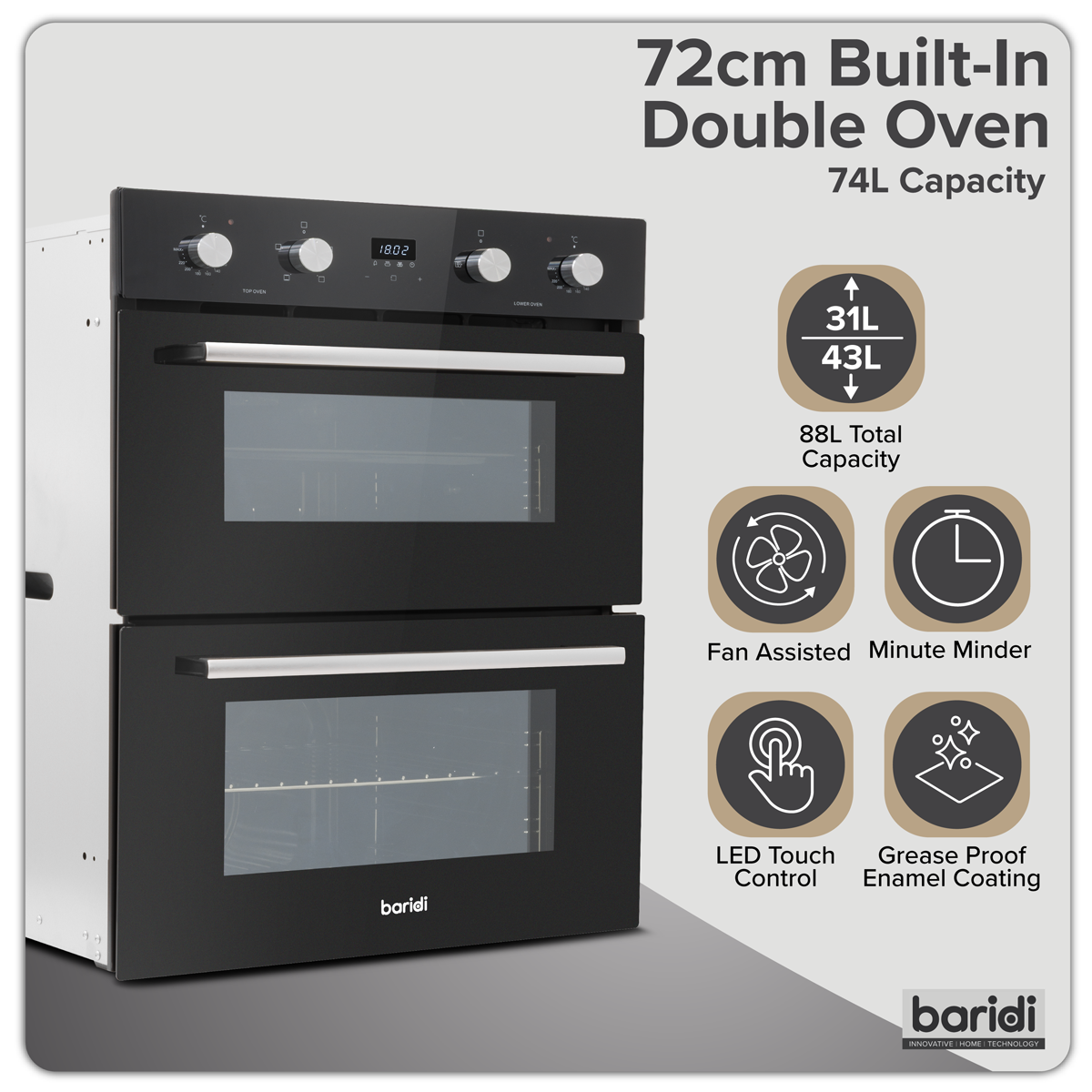 Baridi 72cm Built-Under Double Oven, 74L Capacity, Energy Rating A - Black