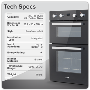 Baridi 72cm Built-Under Double Oven, 74L Capacity, Energy Rating A - Black