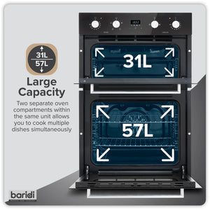 Baridi 90cm Built-In Double Oven, 88L Capacity, Energy Rating A - Black