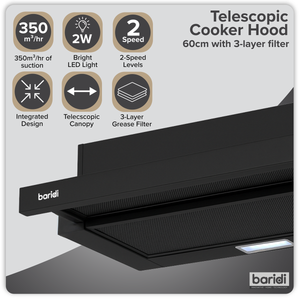 Baridi Telescopic Cooker Hood with Aluminium Filters 60cm - Black