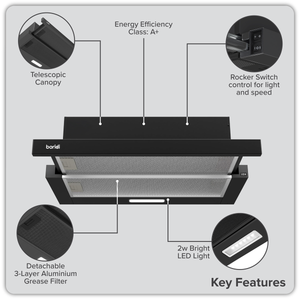 Baridi Telescopic Cooker Hood with Aluminium Filters 60cm - Black