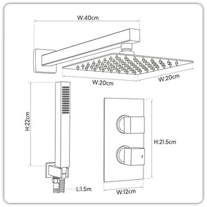 Concealed Thermostatic Shower Set 20 x 20cm Square Head & Hand Shower - Black
