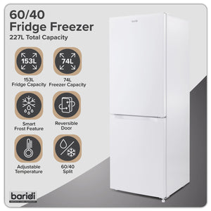 Baridi 60/40 Smart Frost Fridge Freezer 227L Capacity – White