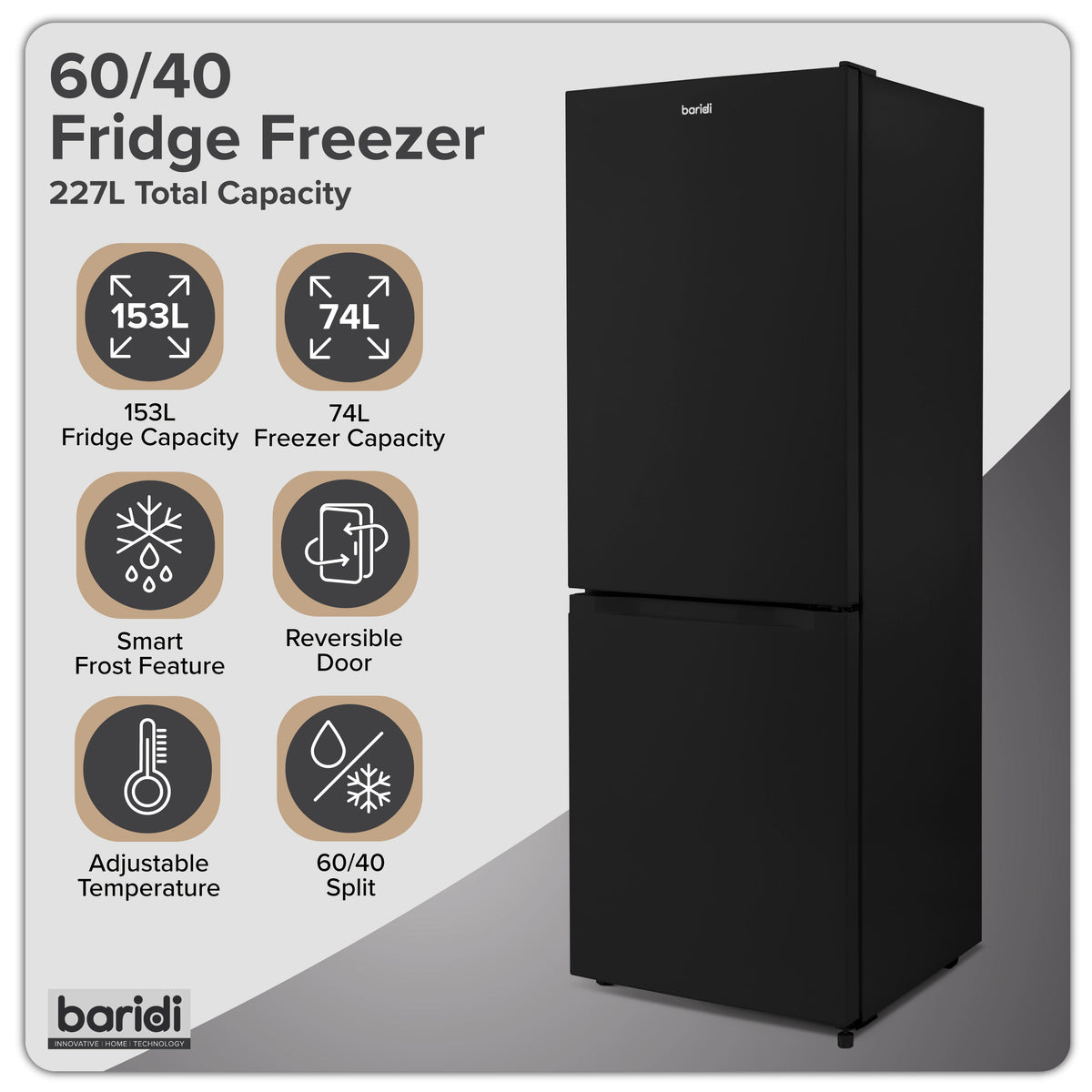 Baridi 60/40 Smart Frost Fridge Freezer, 227L Capacity, Black (DH327)