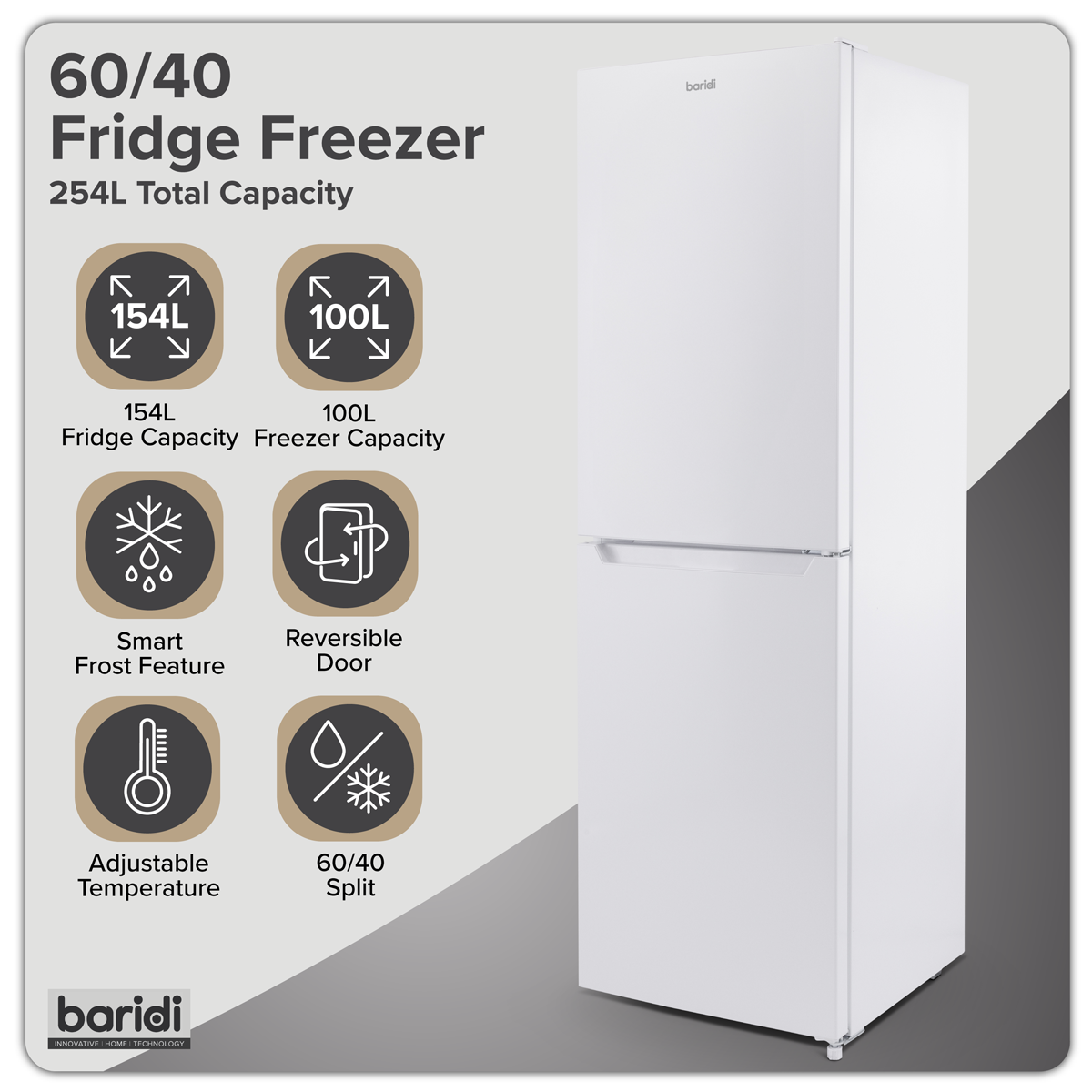 Baridi 50/50 Smart Frost Fridge Freezer 254L Capacity – White
