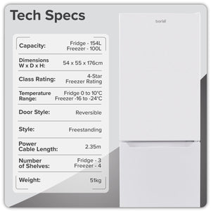 Baridi 50/50 Smart Frost Fridge Freezer 254L Capacity – White