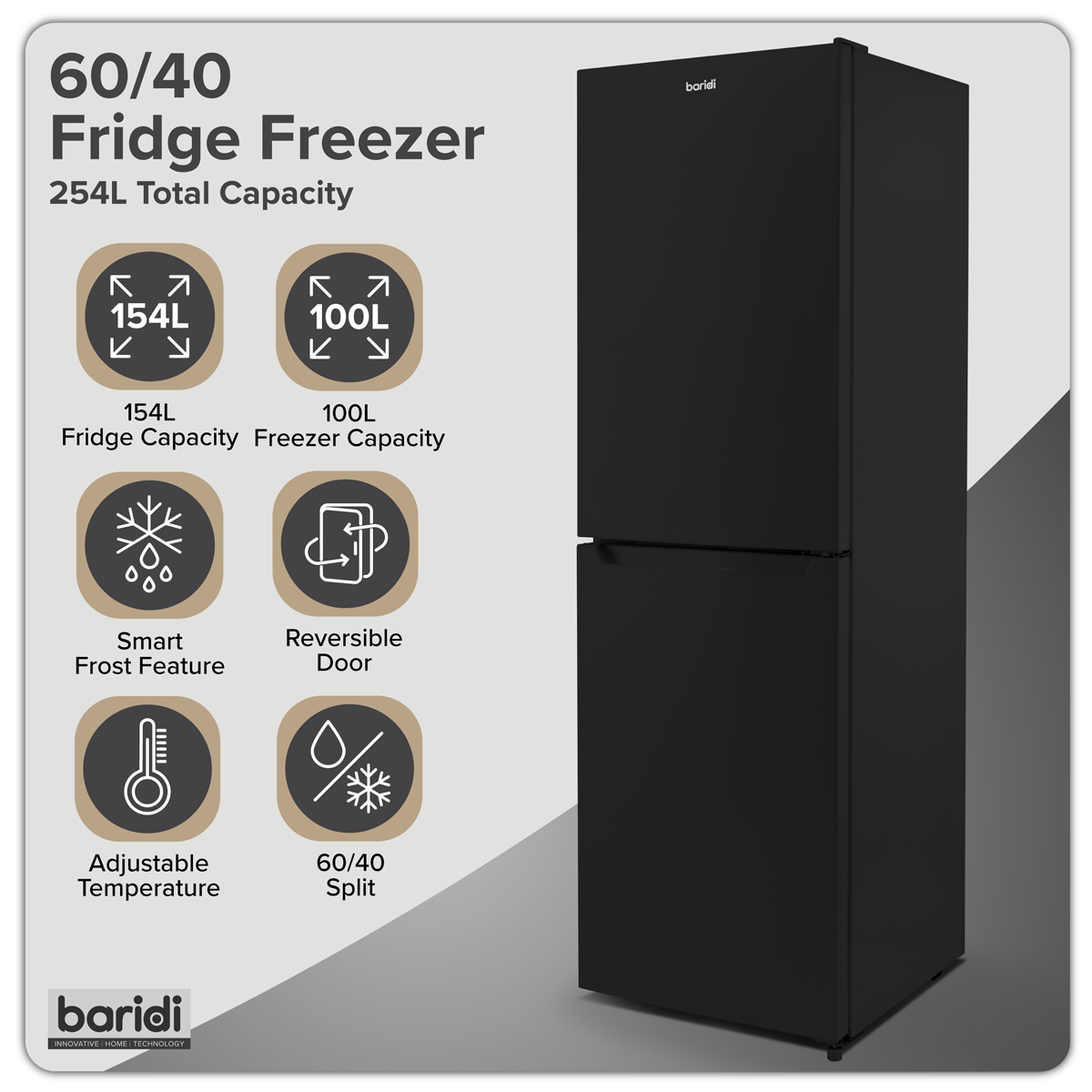 Baridi 50/50 Smart Frost Fridge Freezer 254L Capacity – Black