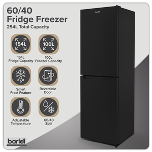 Baridi 50/50 Smart Frost Fridge Freezer 254L Capacity – Black