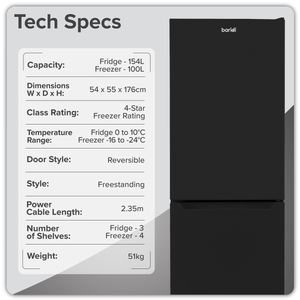 Baridi 50/50 Smart Frost Fridge Freezer 254L Capacity – Black