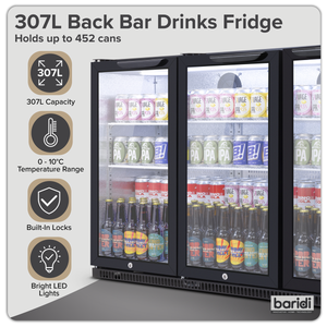 Baridi Back Bar Drinks Fridge/Cooler with Triple Hinged Door & Security Lock 307L - Black