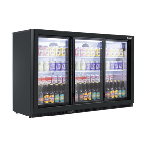 Baridi Back Bar Drinks Fridge/Cooler with Triple Sliding Door & Security Lock 307L - Black