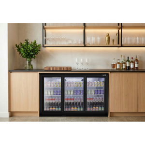 Baridi Back Bar Drinks Fridge/Cooler with Triple Sliding Door & Security Lock 307L - Black
